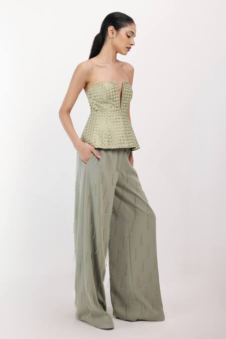 Siddhant Agrawal Green Crepe Beads, Tassels, Embroidery Mistborne Embellished Trouser Online at Aza Fashions Siddhant Agrawal_Green Crepe Beads, Tassels, Embroidery Mistborne Embellished Trouser _Online_at_Aza_Fashions