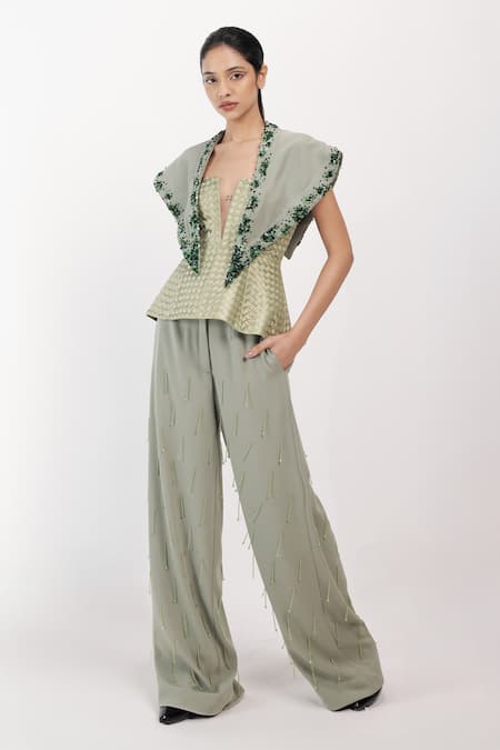Buy Siddhant Agrawal Green Crepe Beads, Tassels, Embroidery Mistborne Embellished Trouser Online at Aza Fashions Buy_Siddhant Agrawal_Green Crepe Beads, Tassels, Embroidery Mistborne Embellished Trouser _Online_at_Aza_Fashions