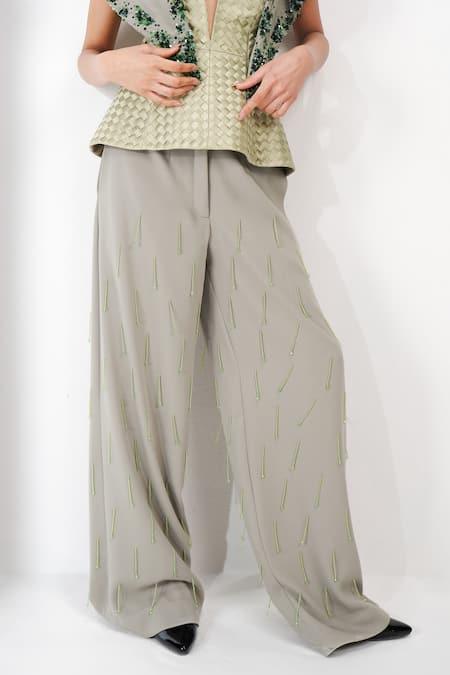 Shop Siddhant Agrawal Green Crepe Beads, Tassels, Embroidery Mistborne Embellished Trouser Online at Aza Fashions Shop_Siddhant Agrawal_Green Crepe Beads, Tassels, Embroidery Mistborne Embellished Trouser _Online_at_Aza_Fashions
