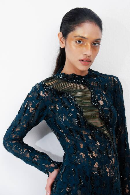 Siddhant Agrawal_Emerald Green Cotton, Silk, Lace Beads, Sequins, Fernmist Embellished Gown _at_Aza_Fashions