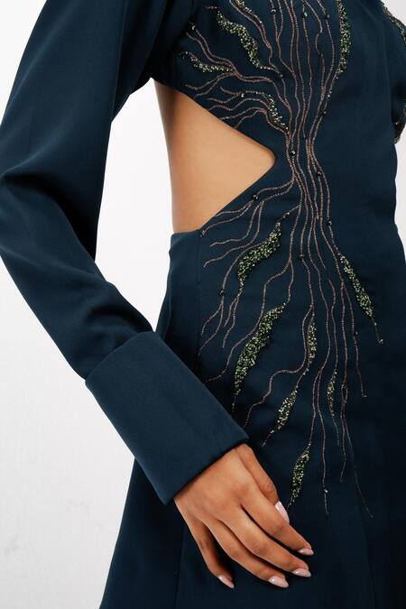 Siddhant Agrawal_Emerald Green Crepe Embroidery, Zari, Beads Collared Lush Mirage Dress _Online_at_Aza_Fashions