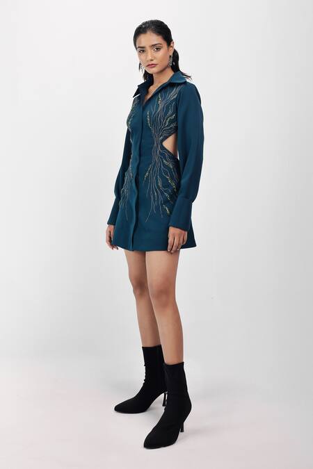 Buy_Siddhant Agrawal_Emerald Green Crepe Embroidery, Zari, Beads Collared Lush Mirage Dress _Online_at_Aza_Fashions