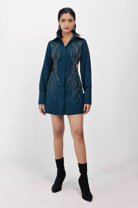 Buy_Siddhant Agrawal_Emerald Green Crepe Embroidery, Zari, Beads Collared Lush Mirage Dress 