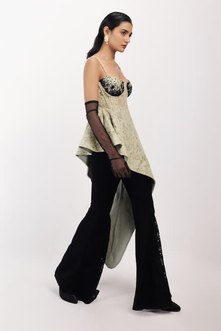 Siddhant Agrawal_Green Sequins, Embroidery Sweetheart Neck Tropical Eclipse Corset Top _Online_at_Aza_Fashions