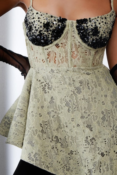 Shop_Siddhant Agrawal_Green Sequins, Embroidery Sweetheart Neck Tropical Eclipse Corset Top _Online_at_Aza_Fashions