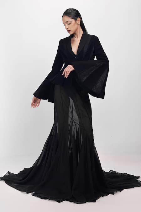 Siddhant Agrawal Black Crepe, Velvet Muted Echo Sculpted Blazer 