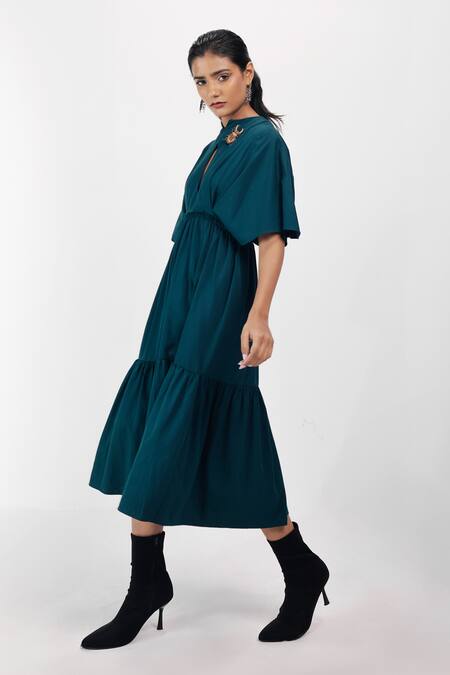 Buy_Siddhant Agrawal_Emerald Green Brooches Keyhole Neck Scarab Whisper Dress _Online_at_Aza_Fashions