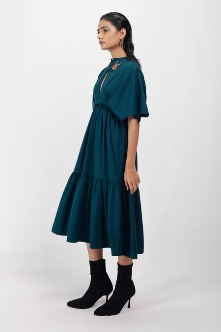Shop_Siddhant Agrawal_Emerald Green Brooches Keyhole Neck Scarab Whisper Dress _Online_at_Aza_Fashions