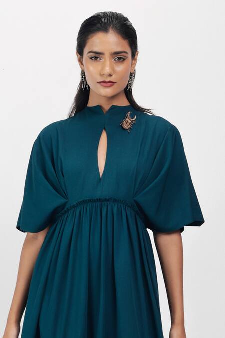 Siddhant Agrawal_Emerald Green Brooches Keyhole Neck Scarab Whisper Dress _at_Aza_Fashions