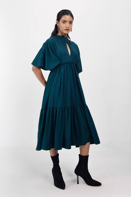 Buy_Siddhant Agrawal_Emerald Green Brooches Keyhole Neck Scarab Whisper Dress 