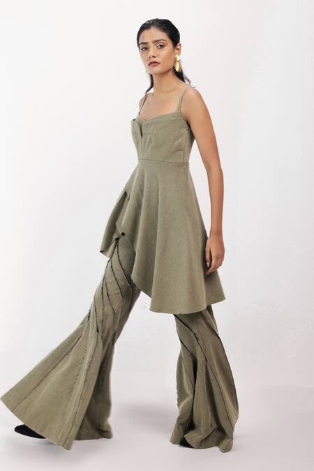 Siddhant Agrawal Green Cotton, Denim Sweetheart Neck Sage Drift Corset Top Online at Aza Fashions Siddhant Agrawal_Green Cotton, Denim Sweetheart Neck Sage Drift Corset Top _Online_at_Aza_Fashions