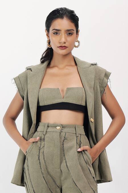 Shop_Siddhant Agrawal_Green Denim, Cotton Rawfern Drift Jacket _Online_at_Aza_Fashions