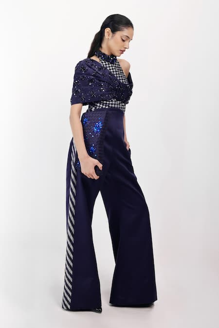 Siddhant Agrawal_Navy Satin, Polyester Embroidery, Sequins, Bows Lunar Moss Embellished Jumpsuit _Online_at_Aza_Fashions