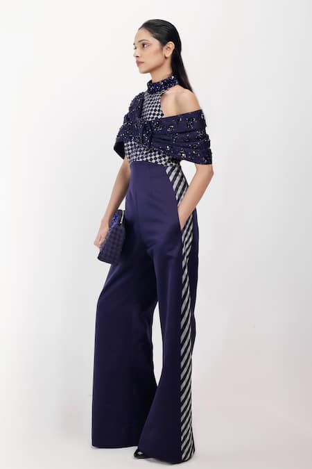 Buy_Siddhant Agrawal_Navy Satin, Polyester Embroidery, Sequins, Bows Lunar Moss Embellished Jumpsuit _Online_at_Aza_Fashions