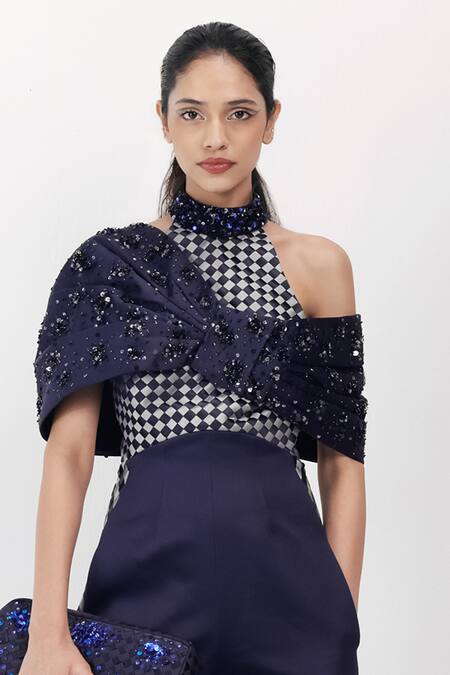Siddhant Agrawal_Navy Satin, Polyester Embroidery, Sequins, Bows Lunar Moss Embellished Jumpsuit _at_Aza_Fashions