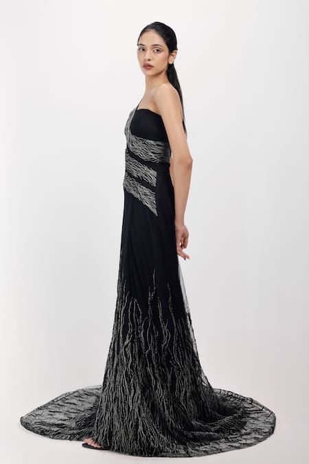 Siddhant Agrawal_Black Cotton, Tulle, Satin Zari, Beads, Embroidery One The Ethereal Root Gown _Online_at_Aza_Fashions