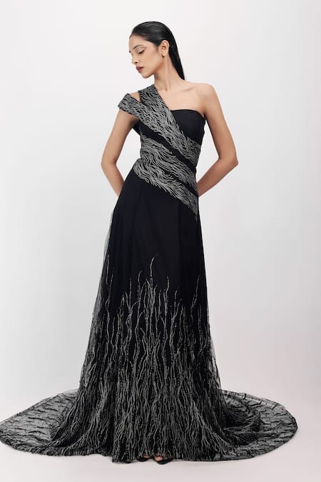 Shop_Siddhant Agrawal_Black Cotton, Tulle, Satin Zari, Beads, Embroidery One The Ethereal Root Gown _Online_at_Aza_Fashions