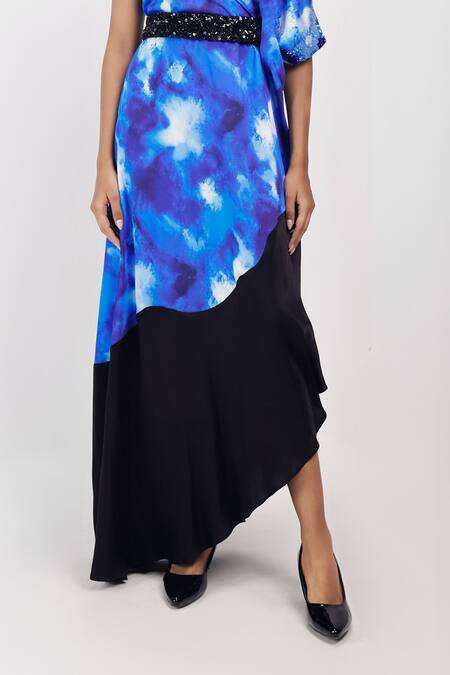 Siddhant Agrawal_Blue Satin, Crepe, Viscose Sequins, Beads, Embroidery One Frozen Lichen Kaftan _Online_at_Aza_Fashions