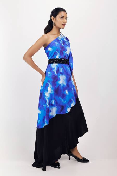 Buy_Siddhant Agrawal_Blue Satin, Crepe, Viscose Sequins, Beads, Embroidery One Frozen Lichen Kaftan _Online_at_Aza_Fashions