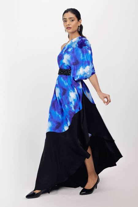 Shop_Siddhant Agrawal_Blue Satin, Crepe, Viscose Sequins, Beads, Embroidery One Frozen Lichen Kaftan _Online_at_Aza_Fashions