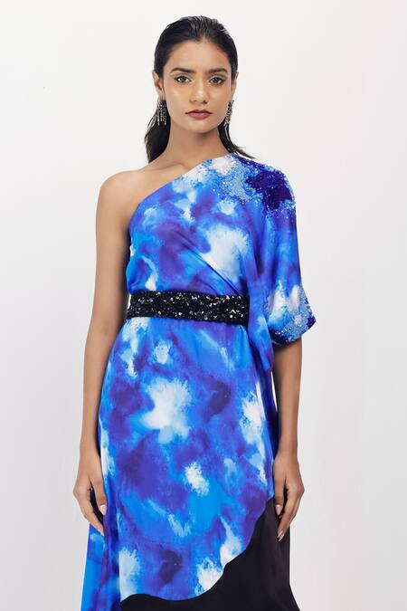 Siddhant Agrawal_Blue Satin, Crepe, Viscose Sequins, Beads, Embroidery One Frozen Lichen Kaftan _at_Aza_Fashions