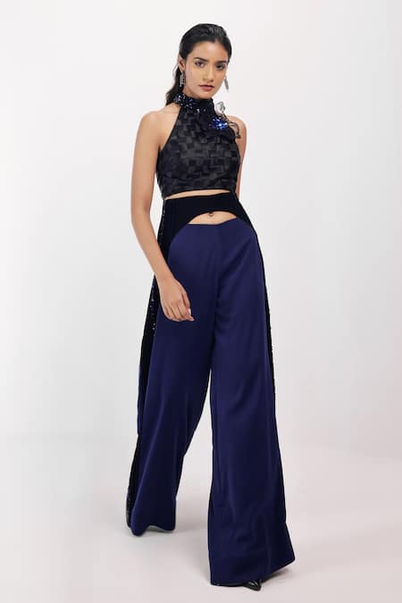 Siddhant Agrawal_Black Satin, Cotton, Tulle Embroidery, Sequins, Fabric Sapphire Wilt Top _Online_at_Aza_Fashions