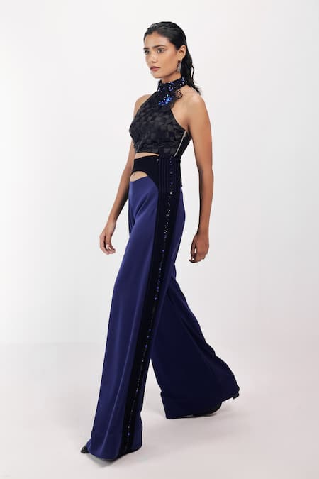 Buy_Siddhant Agrawal_Black Satin, Cotton, Tulle Embroidery, Sequins, Fabric Sapphire Wilt Top _Online_at_Aza_Fashions