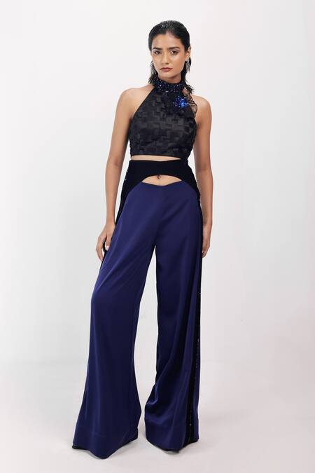Shop_Siddhant Agrawal_Black Satin, Cotton, Tulle Embroidery, Sequins, Fabric Sapphire Wilt Top _Online_at_Aza_Fashions
