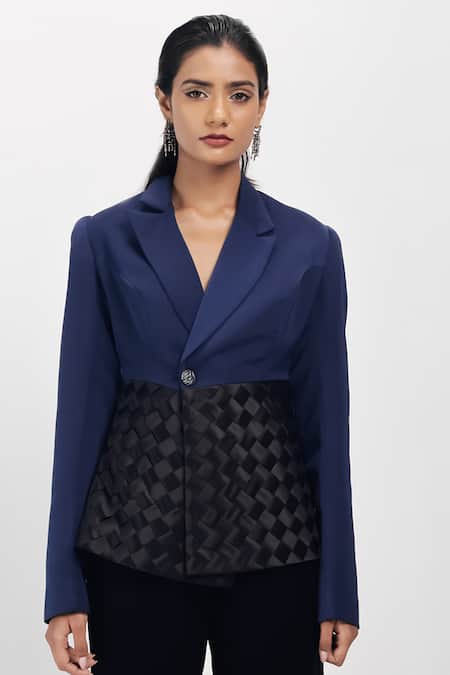 Siddhant Agrawal Navy Crepe, Satin Loomed Eclipse Textured Blazer 