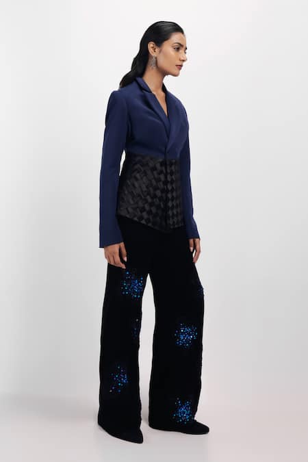 Siddhant Agrawal_Navy Crepe, Satin Loomed Eclipse Textured Blazer _Online_at_Aza_Fashions