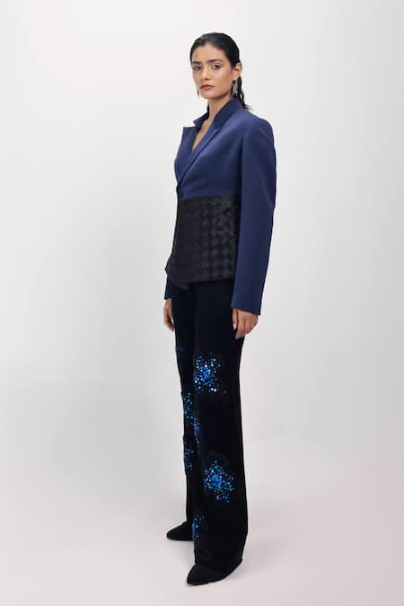 Buy_Siddhant Agrawal_Navy Crepe, Satin Loomed Eclipse Textured Blazer _Online_at_Aza_Fashions
