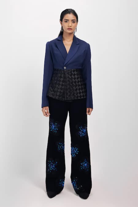 Shop_Siddhant Agrawal_Navy Crepe, Satin Loomed Eclipse Textured Blazer _Online_at_Aza_Fashions