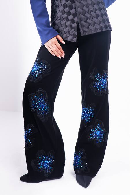 Buy Siddhant Agrawal Black Crepe Sequins Sapphire Wilt Embellished Trouser Online at Aza Fashions Buy_Siddhant Agrawal_Black Crepe Sequins Sapphire Wilt Embellished Trouser _Online_at_Aza_Fashions