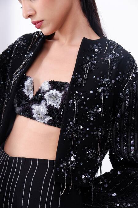 Siddhant Agrawal_Black Sequins, Embroidery Open Neck Rooted Constellations Jacket _at_Aza_Fashions