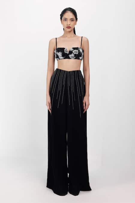 Siddhant Agrawal_Black Satin, Crepe Sequins, Embroidery Sweetheart Neck Ember Bloom Bralette _Online_at_Aza_Fashions
