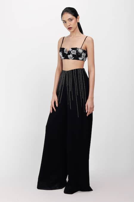 Buy_Siddhant Agrawal_Black Satin, Crepe Sequins, Embroidery Sweetheart Neck Ember Bloom Bralette _Online_at_Aza_Fashions