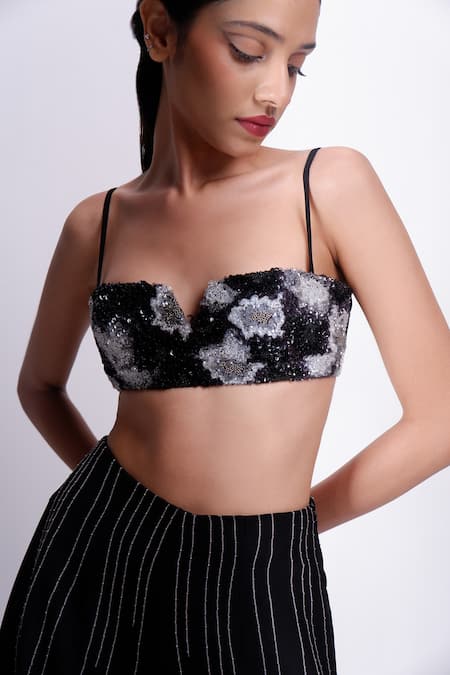 Siddhant Agrawal_Black Satin, Crepe Sequins, Embroidery Sweetheart Neck Ember Bloom Bralette _at_Aza_Fashions