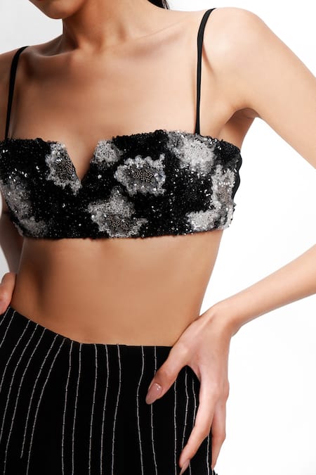Buy_Siddhant Agrawal_Black Satin, Crepe Sequins, Embroidery Sweetheart Neck Ember Bloom Bralette 