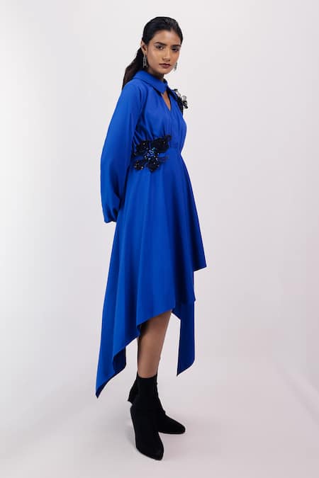 Siddhant Agrawal_Blue Cotton Embroidery, Sequins Collared, V-neck Sapphire Wilt Dress _Online_at_Aza_Fashions