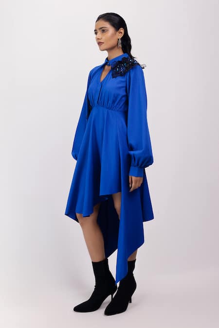 Buy_Siddhant Agrawal_Blue Cotton Embroidery, Sequins Collared, V-neck Sapphire Wilt Dress _Online_at_Aza_Fashions