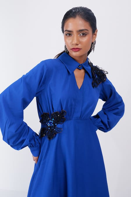 Shop_Siddhant Agrawal_Blue Cotton Embroidery, Sequins Collared, V-neck Sapphire Wilt Dress _Online_at_Aza_Fashions
