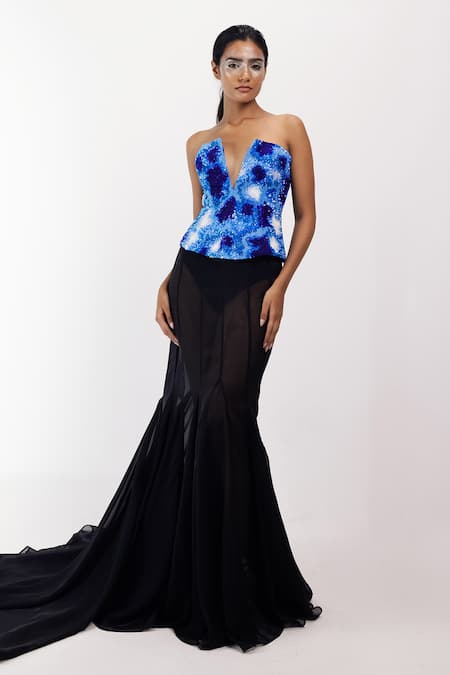 Siddhant Agrawal_Blue Satin, Crepe Beads, Sequins Plunge Neck Clestial Decay Embellished Corset _Online_at_Aza_Fashions