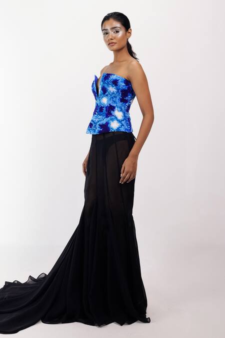 Buy_Siddhant Agrawal_Blue Satin, Crepe Beads, Sequins Plunge Neck Clestial Decay Embellished Corset _Online_at_Aza_Fashions