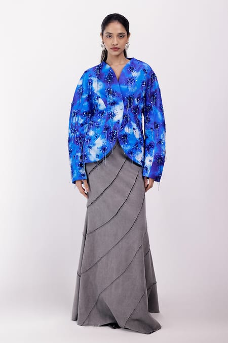 Siddhant Agrawal Blue Beads, Sequins, Embroidery Coral Fade Blazer Online at Aza Fashions Siddhant Agrawal_Blue Beads, Sequins, Embroidery Coral Fade Blazer _Online_at_Aza_Fashions