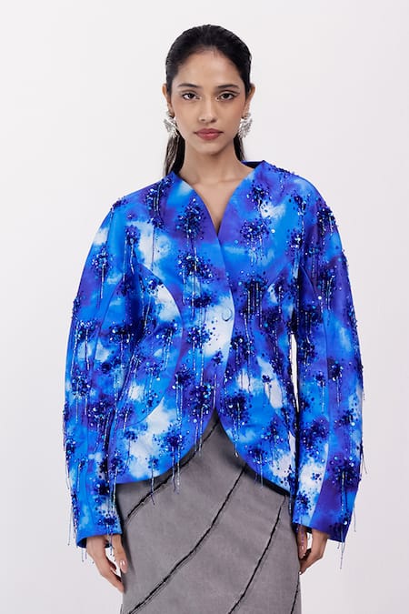 Siddhant Agrawal Blue Beads, Sequins, Embroidery Coral Fade Blazer 