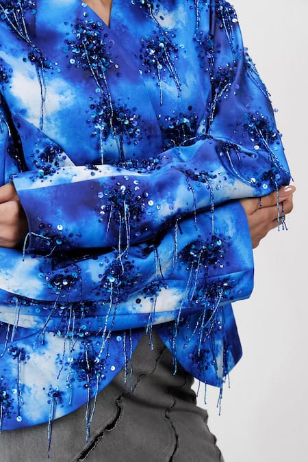 Siddhant Agrawal Blue Beads, Sequins, Embroidery Coral Fade Blazer at Aza Fashions Siddhant Agrawal_Blue Beads, Sequins, Embroidery Coral Fade Blazer _at_Aza_Fashions