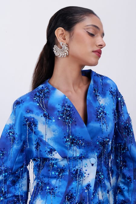 Buy_Siddhant Agrawal_Blue Beads, Sequins, Embroidery Coral Fade Blazer 