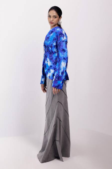 Siddhant Agrawal_Gray Denim, Cotton, Georgette Stone Whisper Skirt _Online_at_Aza_Fashions