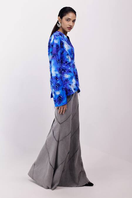 Buy_Siddhant Agrawal_Gray Denim, Cotton, Georgette Stone Whisper Skirt _Online_at_Aza_Fashions