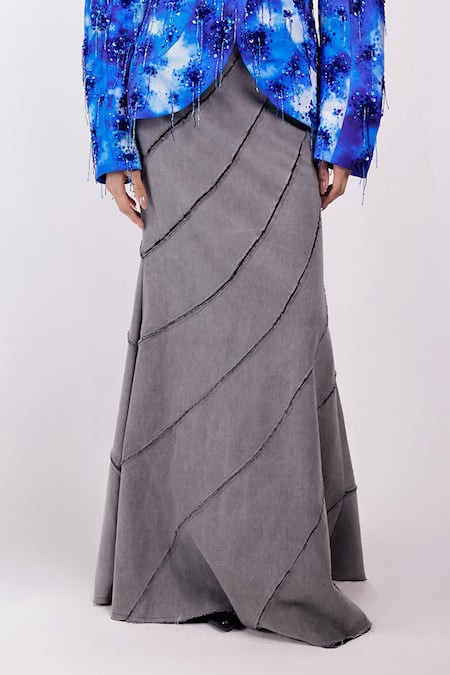 Shop_Siddhant Agrawal_Gray Denim, Cotton, Georgette Stone Whisper Skirt _Online_at_Aza_Fashions